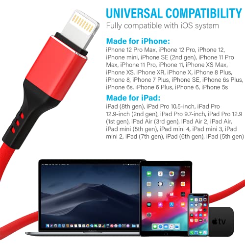 כבל מטען iPhone של Ironten, Apple MFI מוסמך 1 חבילה 6 ft אדום ארוך ברק טעינה מהירה טעינה מהירות גבוהה סנכרון כבל USB תואם iPhone 14 13