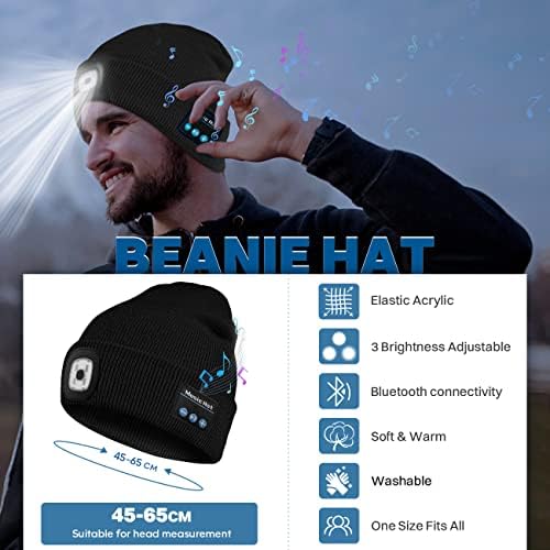 כובע כפה Bluetooth Bluetooth עם כובע פנס אור עם אוזניות ומיקרופון רמקול מובנה, מתנות לגברים נשים נוער