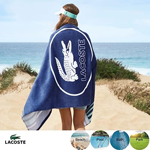 Lacoste Sporty Stripe Cool כותנה מגבת חוף גדולה, סופג אולטרה-סופג ויבש מהיר, רחיצה מכונה, 36 W x 72 L