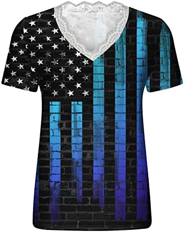 נשים 4 ביולי צמרות תחרה תחרה v חולצות פטריוטיות של צוואר חולצה לחג רופף 2023 דגל אמריקאי מודפס טיז