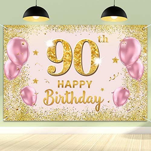 פקבוום שמח יום הולדת 90 רקע באנר - 90 מסיבת יום הולדת קישוטים אספקה לנשים-זהב ורוד 3.9 על 5.9 רגל