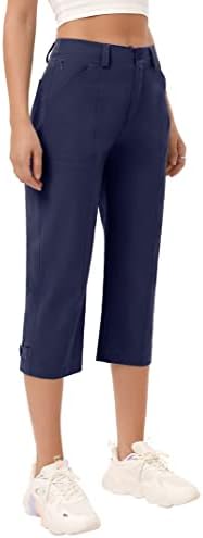 CAPRIS לנשים מותניים אלסטיות טיולים מזדמנים מלביים מכנסיים קפרי עם 5 כיסים