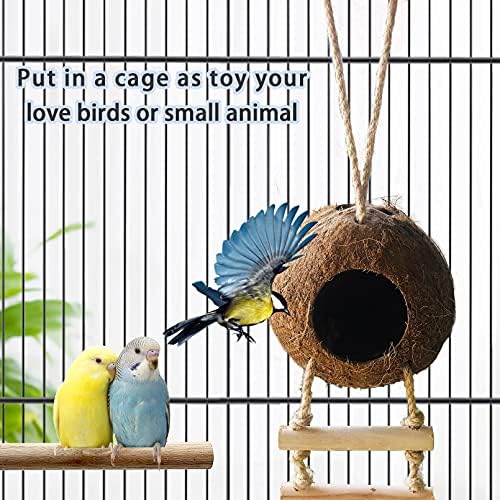 ציפורים מסתתרות קן קוקוס עם סולם עץ, כלוב האוגר הסורי תלוי קליפת קוקו טבעית בקתת צעצוע עם גשר עץ, צעצועי Hideaway חלולים עבור פינקים של