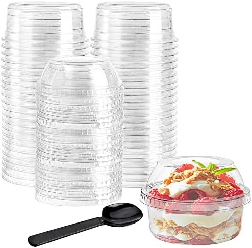 Wuwoot 50 חבילות כוסות קינוח פלסטיק, 12 גרם קערות קינוח לחיות מחמד ברורות, כוסות פרפיית חד פעמיות עם מכסה לפירות גלידה קרות משקאות קרים