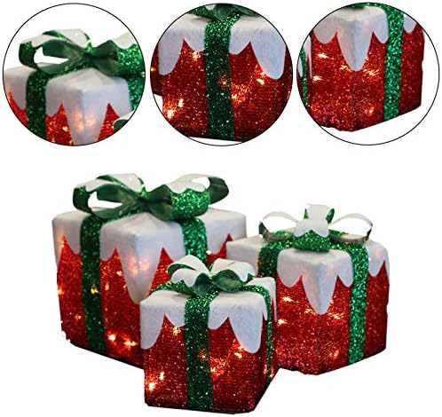 סט תמותה של 3 קופסאות מתנה LED קופסאות חג מולד עם קשתות ירוקות, קופסאות אדומות מוארות עם 60 מיתר אור LED לחג המולד מקורה חיצוני חצר בית