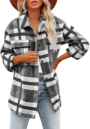 מעילי חורף כבדים של נשים חולצות משובצות מוברשות לנשים שרוול ארוך פלנל כפתור דש כפתור כיס מעילי ז'קט.
