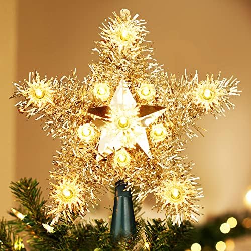 טופר עץ חג המולד של Brizlabs, 8 11 נורות כוכב לבן חם חג המולד טופר אורות, 120V UL מוסמך 5 נקודות כוכבים פלאק עץ עץ לחג המולד מואר לחג