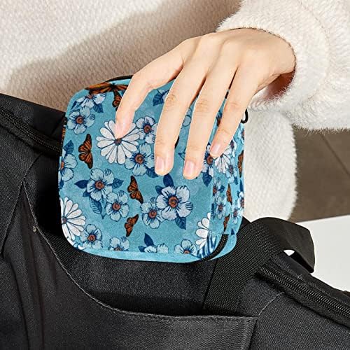 אחסון תיק עבור תחבושות היגייניות, נייד עבור נשים בנות רחיץ לשימוש חוזר, לבן פרח פרחוני פרפר כחול קיץ