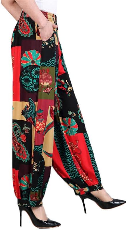 UKTZFBCTW אמא אלגנטית אביב אביב הדפסת קיץ כותנה משי מכנסיים נקביים מזדמנים בסגנון אתני מכנסיים בגודל גדול צבע 16 3XL