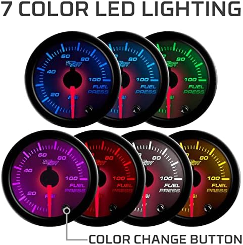 Glowshift לבן 7 צבע 100 psi ערכת מד לחץ דלק - כולל חיישן אלקטרוני - חיוג לבן - עדשה ברורה - לרכב ומשאית - 2-1/16 52 ממ