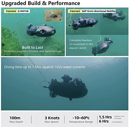 QYSEA FIFISH V6 מומחה M100 מלט מתחת למים, משודרג בנה ROV מקצועי, עם מצלמת UHD 4K, מעקב ראש VR, LED 6000LM, כבל 100 מ ', מארז EPP, תנועה-כיוונית