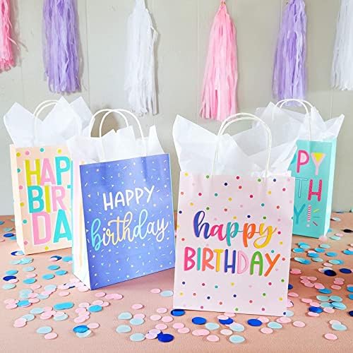 Sparkle and Bash 24 חבילה שקיות מתנה ליום הולדת שמח עם 24 גיליונות נייר טישו לבן, שקיות מתנה ליום הולדת קטנות לילדים טובות מסיבת יום הולדת,