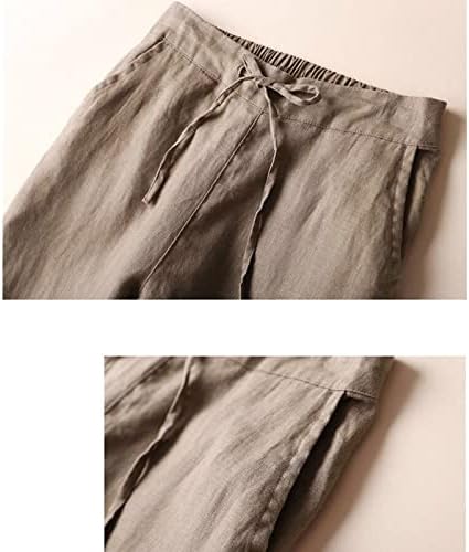 נשים של פשתן קצוץ רחב רגל מכנסיים גבוהה אלסטי מותניים ארוך קצוץ מכנסיים למתוח ישר קיץ מזדמן צפצף