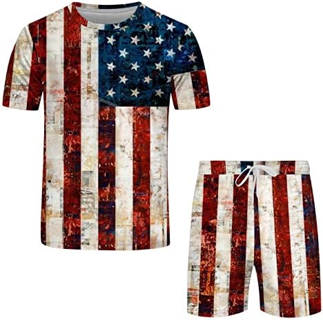תלבושות לגברים, קיץ גברים 2 תלבושות דגל אמריקאי דגל 4 ביולי חולצות טי קצרות של שרוול קצר ומכנסי מכנסי ספורט