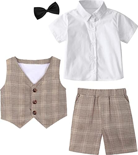 חליפת A&J Design Totled, תלבושת ג'נטלמן לבנים, חולצה בגדים 3 יחידות ווסט ומכנסיים קצרים עם קשת